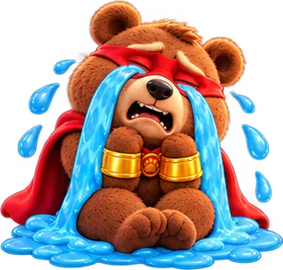 L'orso Bearo con la maschera rossa che piange davanti a un conto bloccato
